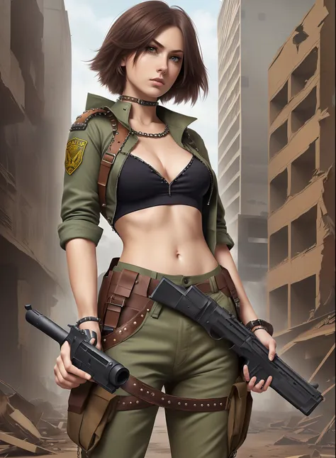 Medium-chested woman, trousers, rivets, holsters, large gun, in ruins