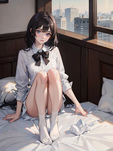 black color hair，Jk young girl with short and medium black hair，white short socks，White pile socks，8K，Need,tmasterpiece,Bedrooms，inns，whaite hair,Blue-eyed girl kneeling in front of the bed,White shirt with buttons unbuttoned,seminude，Look up at the perspe...