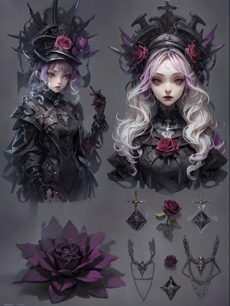 highestquali，tmasterpiece：1.2，detailed details，1 gothic girl，black victorian dress，gorgeous headdress，bust，rose flower，crosses，s...