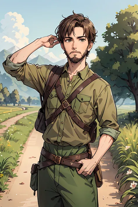 Adventurers uniform, light green and brown clothing, young men, 19 years, brown eyes, detailed eyes, brown hairs, short hair, small beard, cool expression, cool pose, athletic, chill pose, masterpiece, fields background, dirt path background, adventurer wo...