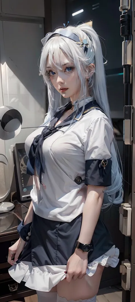 Close-up of a man with long blue hair in a sailors costume, an anime drawing inspired by Rei Kamoi, trending on pixiv, tachisme, Anime girl cosplay, Anime girl in real life, long white hair, Perfect white haired girl, She has a cute face, anime-inspired, ...