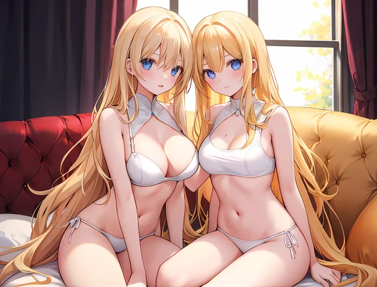 2girls，golden hair，long whitr hair，mediuml breasts，Wear only a bra，Breast collision，Light panties，- For-for-tat