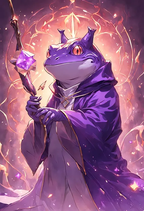 "(muitos detalhes, qualidade de obra-prima), Realistic tattoo illustration, A frog wearing purple wizard clothes and holding a magic wand"