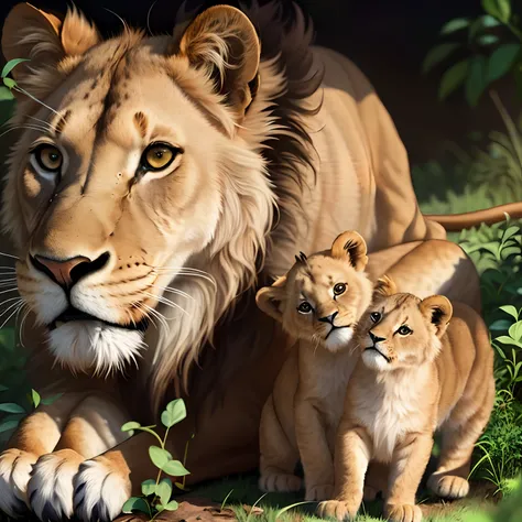 Image of a lioness and two cubs of lion cubs, adorable digital painting, cute detailed digital art, Cute lion, lions, Cute digital art, cute detailed artwork, realistic illustration, Realistic scene, ultrarealistic illustration, amazing art, digital cartoo...