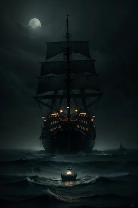 In the heart of the dense, swirling fog, the Flying Dutchman emerges like a specter, its spectral form illuminated by the faint light filtering through the mist. The ships rotting wood and tattered sails tell the tale of centuries spent lost at sea. Surrou...