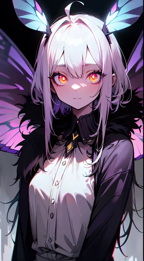 dark forest background, Heat, insanevoid, glowing eyes, extra eyes, horror (theme), moth girl, moth wings, antennae, neck fur