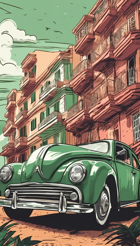 Imprima um poster antigo, adobe illustrator, imagem vetorial de um carro verde claro, modelo Volkswagen fusca 1950, On the edge of a beach in the Caribbean, com palmeiras, Old buildings of Havana, ::n_baixa qualidade, boneco, anime, imperfeito, texto, assi...