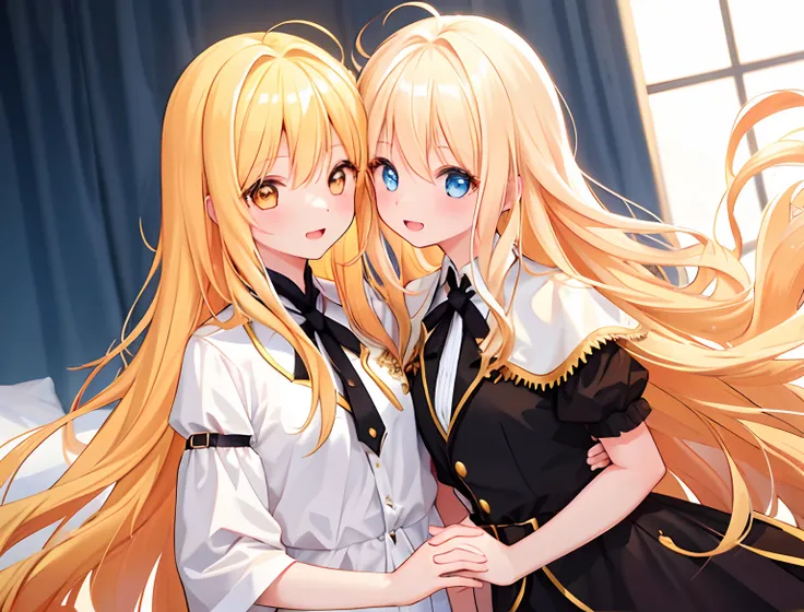 2girls，Girl1：，adolable，Golden hair，long whitr hair，girl 2：Golden hair，long whitr hair，Touch each others chests