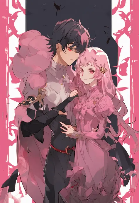 Girl Short black hair Pink eyes Pink dress 16 years old Princess Royal dress Crown away from her head Boy boy 16 years old wearing black White hair tends to yellow Red eyes Bangs between his eyebrows Handsome boy