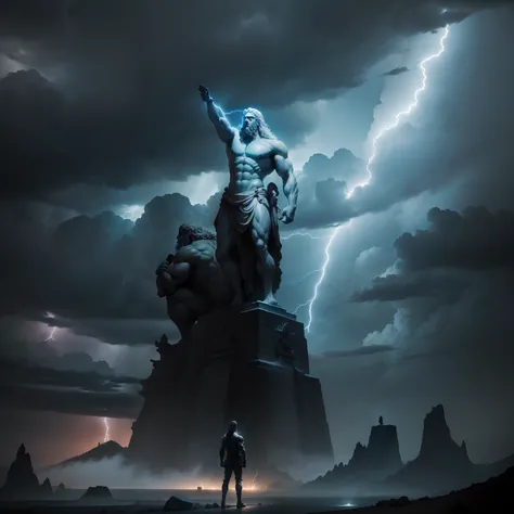 giant stone statue of Zeus surrounded by lightning