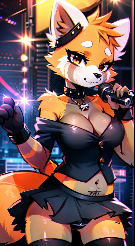 1girl, RetsukoCzar, (two-toned fur, orange fur, black eyes, whiskers, animal ears, racoon tail, striped tail, snout), (Black skirt, Torn Goth costume, Black Underwear), (karaoke bar), (masterpiece:1.2), hires, ultra-high resolution, 8K, high quality, (shar...