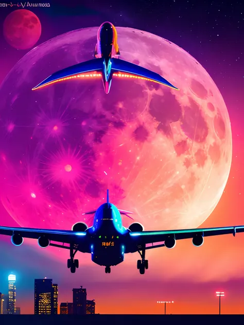 airplane passing in front of a large full moon, com reflexos azulados, master part, best quality, passenger aircraft, 1aviao, no...