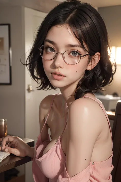 1girll, Beautiful girl, wears glasses, Brown skin, A small mole on the right cheek, Half body, Body length 150 cm, 20 years old, Brown-skinned girl, .(Short black hair, Street hairstyle) , (Black eyes), Realistic eyes, Beautiful and big eyes), Sexy clothes...