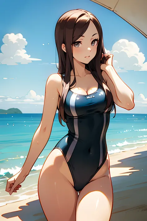 masterpiece，Best quality，Beautiful quality，looking at viewert，Detailed lighting，Extremely detailed skin，Extremely detailed hair，Extremely detailed，shadowing，8K：1.2, thicc:1.1, tight clothes, extremely detailed eyes:1.1, beach, swimsuit, water, cloud,, extr...