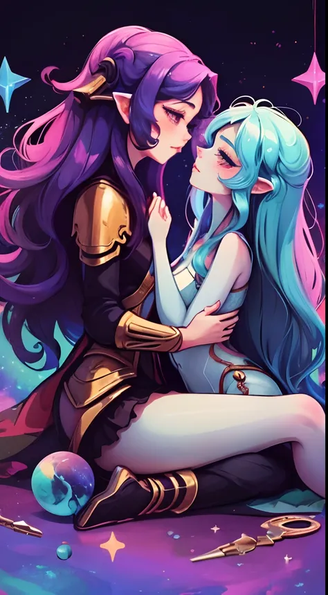 adesivo, fundo simples, portrait, 2 girls, couple, kissing, girl with long hair, beautiful galaxy girl, galaxy aesthetic, beautiful girl, very beautiful fantasy art, beautiful and elegant female galaxy, beautiful detailed fantasy, purple and blue color pal...