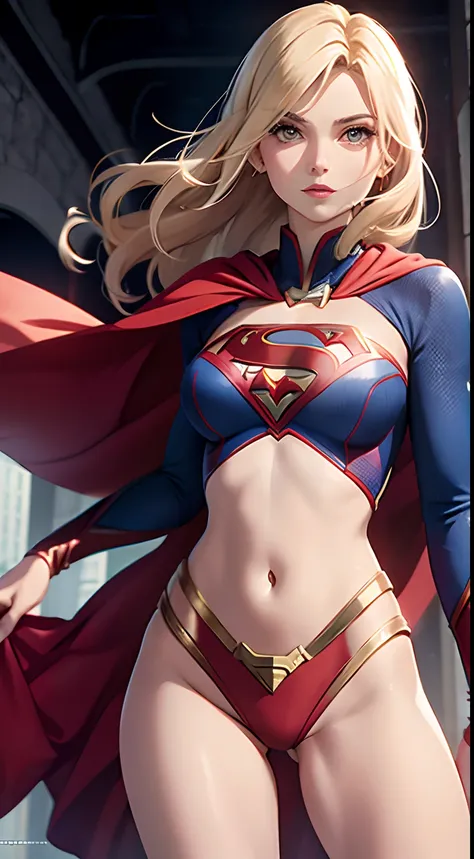 Mulher corpo definido seios grandes, vestido fantasia de Supergirl, pose sensual