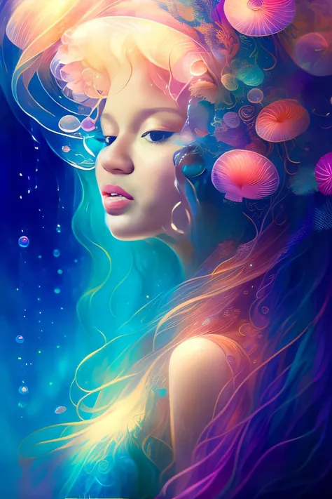 A woman with long hair and a colorful dress is looking at jellies, linda arte digital linda, bela arte digital, arte digital muito bonita, lindo arte digital, bela arte digital, Beautiful digital illustration, retrato bonito da arte da fantasia, stunning d...