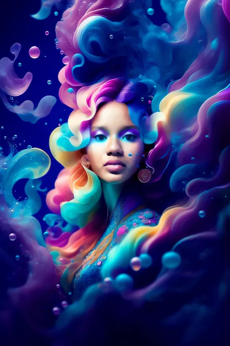 uma mulher com cabelo colorido e um fundo azul, lindo arte digital, arte de fantasia digital colorida, bela arte digital, stunning digital illustration, bela arte digital, arte digital impressionante, linda arte digital linda, arte digital muito bonita, ar...