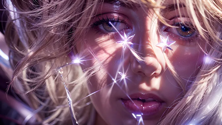 a crystal pendant, Blonde hair, Messy hair, femele, covering eyes,  modern, hyper photorealism, Cinematic lighting, Vignetting, projected inset, Close-up, From below, hyper HD, Super detail, Textured skin