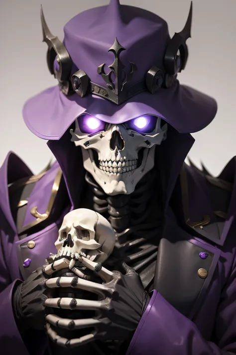 corpses, man, detalhado,  design forma o anime Overlord, esqueleto, skeleton hands, detalhado, skull_face, purple coat,