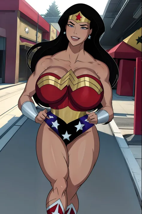beautiful, masterpiece, best quality, extremely detailed face, perfect lighting, 1girl, wonderjlu, black hair, long hair, star (symbol), big breasts, leotard, red footwear,walking,smile