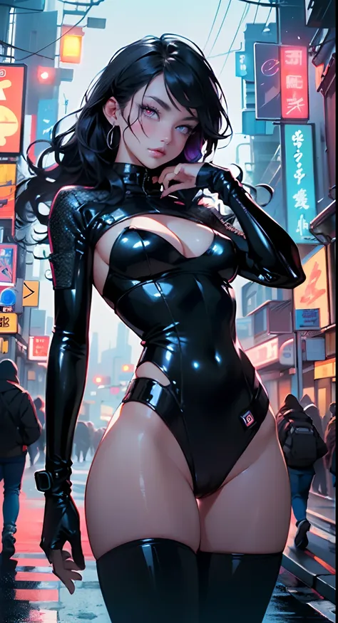 girl spacepunk,(((1girl))),((extremely cute and beautiful black haired anime girl walking down the street)),

(large breasts:1.4),saggy breasts,(((black wavy hair:1.35,absurdly long unkempt hair,messy hair,colored inner hair,ear breathing))),((purple eyes:...