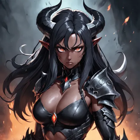 a dark female tiefling, evil eyes, wearing leather black armor, dark silver, pale dark skin, bright eyes, intricate horns, black hair flowing, long hair, athletic, muscular, hot, malicious eyes, epic angle, dark background, medieval fantasy, art by Alan Le...