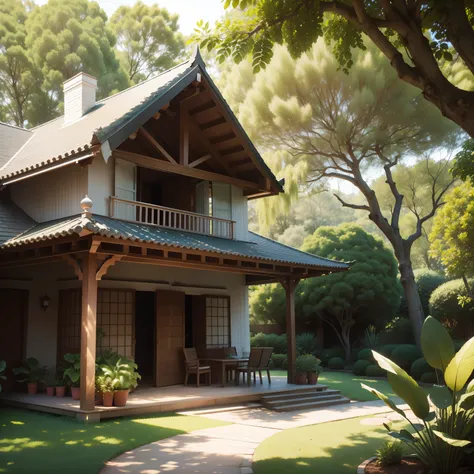 jardim grande ao ar livre com plantas e sementes, in a plantation in the backyard of a beautiful house located near some trees or the forest, simples, fofo para livro infantil, vetor svg, small plantation