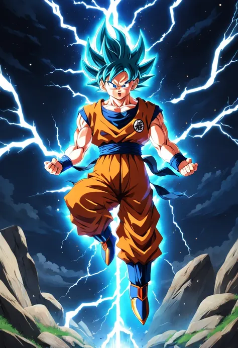 uma obra de arte detalhada de Son Goku como super saiyajin liberando uma imensa quantidade de energia em cima de uma montanha. Energia azul e amarela.