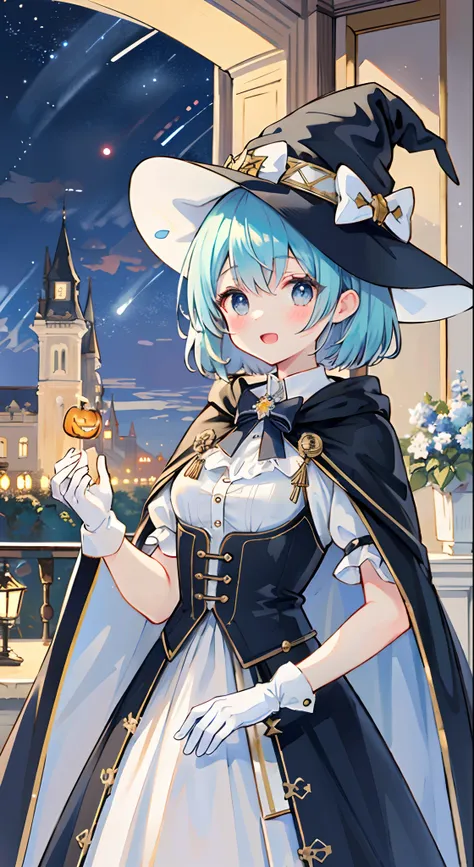 ((masterpiece:1.2, best quality)), 1girl, solo, (witch hat), a close up of a girl with curl hair, short hair, dress, aurora, night, star (sky), gloves, sky, dress, night sky, open mouth, starry sky, light blue eyes, ribbons, smile, cape, blue hair, magic, ...