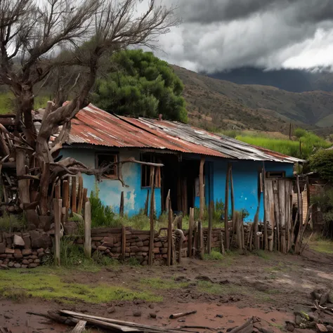 La mejor calidad, Obra maestra, ultrahigh resolution, (realistic photograph:1.4), surrealismo, dream-like, FusionArt, sobre la lluvia en un pueblo rural de chile,  at noon,  cerca  de una linea de trenes