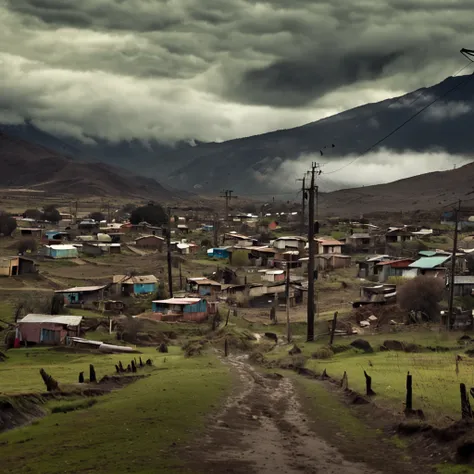 La mejor calidad, Obra maestra, ultrahigh resolution, (realistic photograph:1.4), surrealismo, dream-like, FusionArt, sobre la lluvia en un pueblo rural de chile,  at noon,  cerca  de una linea de trenes