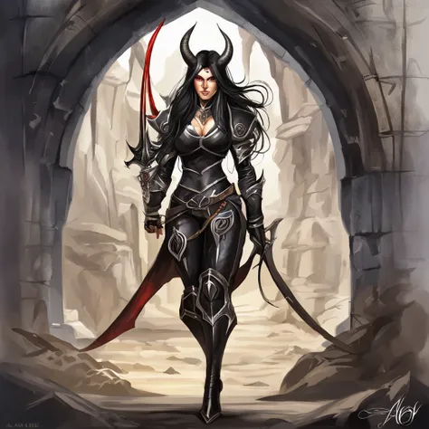 a dark female tiefling, evil eyes, wearing leather black armor, dark silver, pale dark skin, bright eyes, intricate horns, black hair flowing, long hair, athletic, muscular, hot, malicious eyes, epic angle, dark background, medieval fantasy, art by Alan Le...