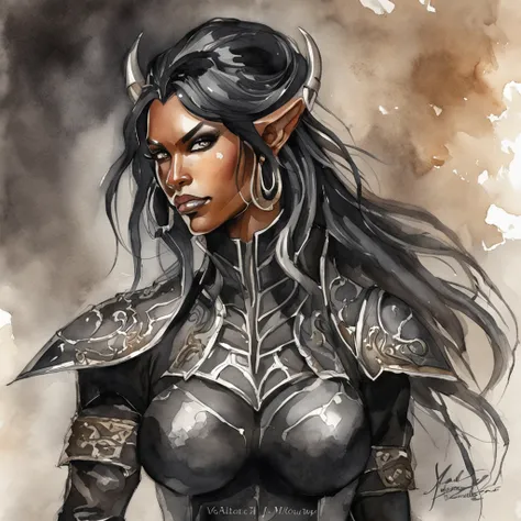 a dark female tiefling, evil eyes, wearing leather black armor, dark silver, pale dark skin, bright eyes, intricate horns, black hair flowing, long hair, athletic, muscular, hot, malicious eyes, epic angle, dark background, medieval fantasy, art by Alan Le...