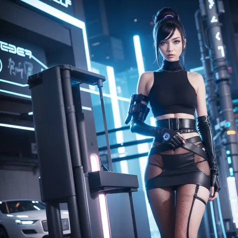 Picture a captivating woman amidst the neon-lit chaos of a cyberpunk metropolis. Her attire is a daring blend of sleek technology and urban style. She wears a high-waisted asymmetrical skirt crafted from metallic fabrics that shimmer with every step, refle...