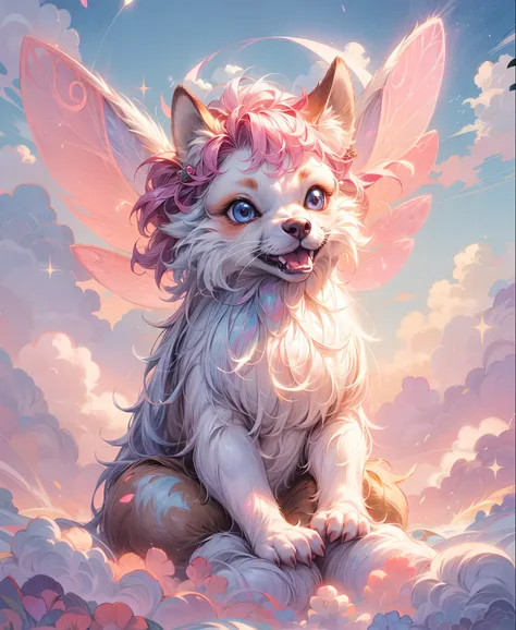 "Cute foxy fairy with beautiful glowing fairy wings, in a cute cloud world of a magical realm, surrounded by many small adorable fox fairies, against a backdrop of a pink and blue colored sky. A masterpiece in ultra HD."