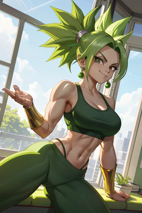 （best qualityer，tmasterpiece）， Green hair， green earrings， Yoga pants for， Yoga bra， skin tight， bodybuilding， Smug， pervert smirk， kefla， big breasts thin waist， The light from the back window is backlighted，spread their legs，Shoot from below