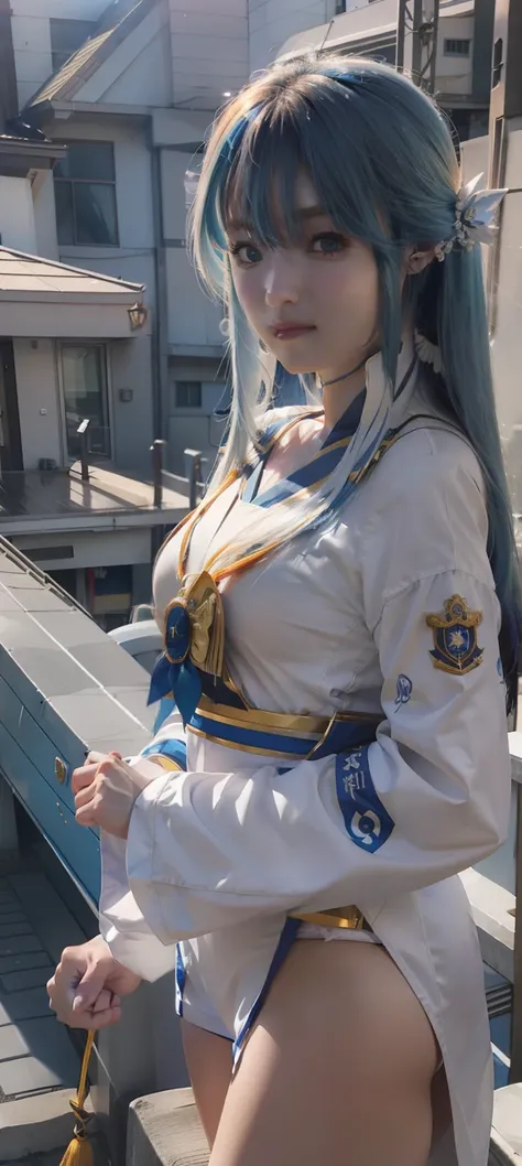 Close-up of a girl with long blue hair in a sailors costume, an anime drawing inspired by Rei Kamoi, trending on pixiv, tachisme, Anime girl cosplay, Anime girl in real life, long  white hair, Perfect white haired girl, She has a cute face, anime-inspired,...