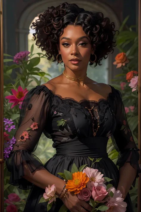 ((Black woman portrait)), elegant dress, poised stance, surrounded by vibrant flowers, soft and diffused lighting, captured at eye level, reminiscent of the ethereal style of Sophie Gengembre Anderson.