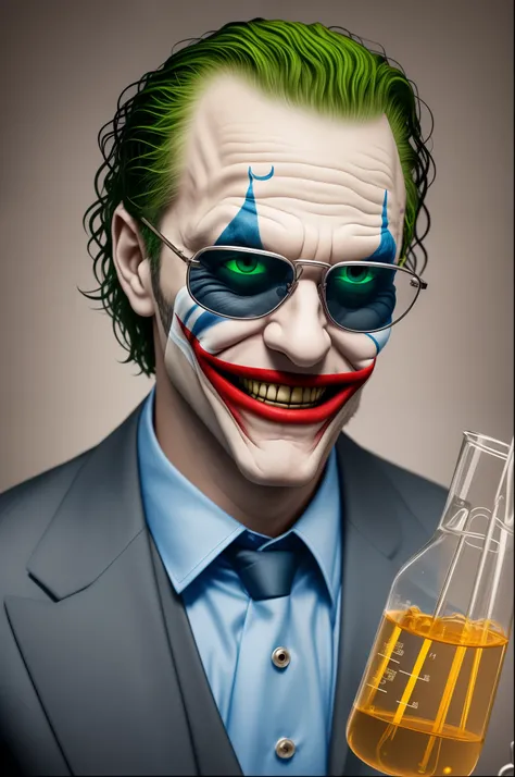 Villain, scientist in dark glasses, big beard and joker smile, laboratory background --auto --s2