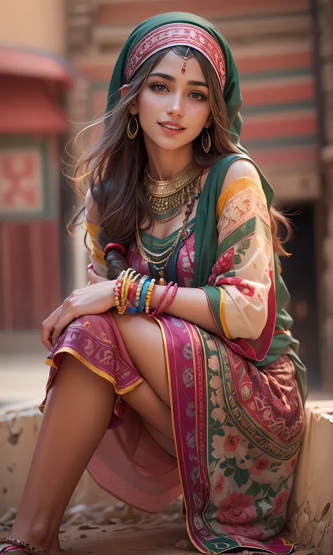 Best quality, masterpiece, extremely high resolution, (Realistic Photos: 1.4) , raw image , one girl , Arab girl , perfect face detailed , perfect thighs , embroidered clothes , tight clothes , in front of a building in old Sanaa , sexy smile , necklaces ,...