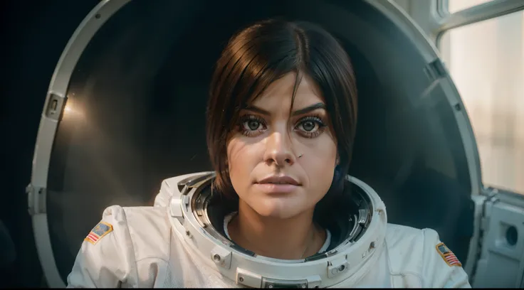 female astronaut (((bebe rexha)))  in space, beautiful face, realistic photo, (portrait), [smoke], [haze], natural lighting, shallow depth of field, photographed on a Canon EOS-1D X Mark III, 50mm lens, F/2.8, (intricately detailed, hyperdetailed), ((RAW c...