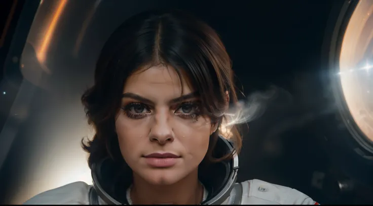 female astronaut (((bebe rexha)))  in space, beautiful face, realistic photo, (portrait), [smoke], [haze], natural lighting, shallow depth of field, photographed on a Canon EOS-1D X Mark III, 50mm lens, F/2.8, (intricately detailed, hyperdetailed), ((RAW c...