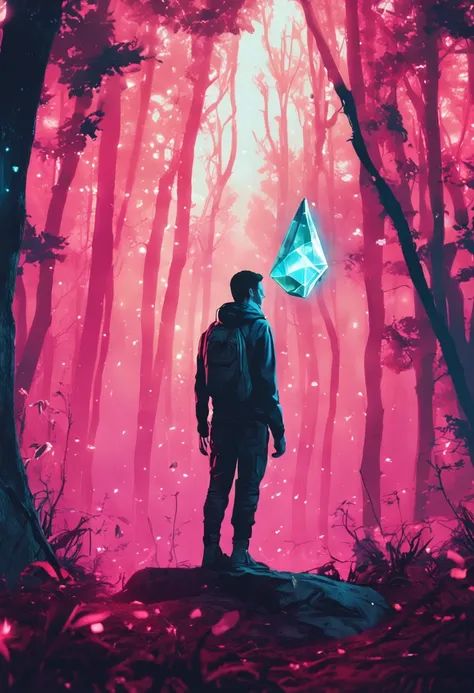 young man found a glowing crystal in a dark forest