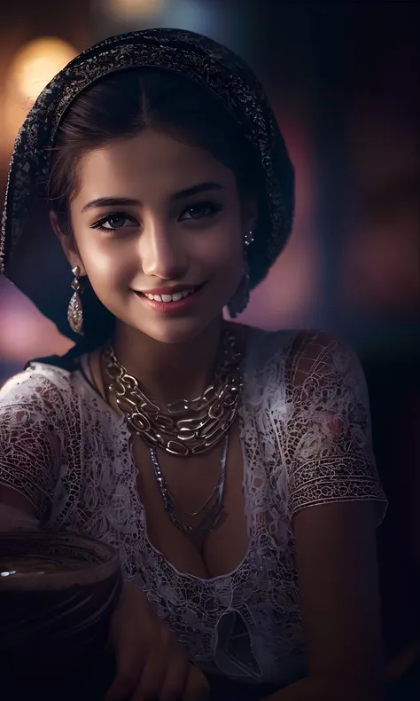 Best quality, masterpiece, ultra high res, (photorealistic:1.4), raw photo, 1girl, Arabian girl, in the dark, deep shadow, low key, cold light, teasing smile,  Necklaces, Bracelets, Hair Accessories, Earrings, Headbands, pub,  bar, night, Dubai,