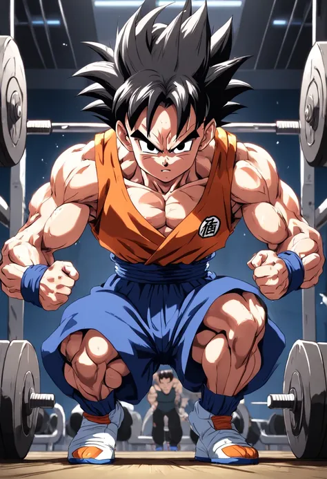 a detailed illustration by Krillin Dragon Ball Z, in gym clothes training intensely in a bodybuilding gym, corpo inteiro