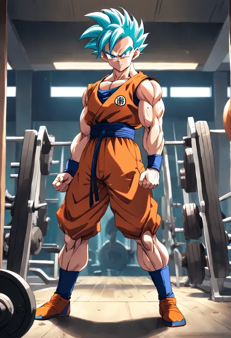 a detailed illustration by Krillin Dragon Ball Z, in gym clothes training intensely in a bodybuilding gym, corpo inteiro