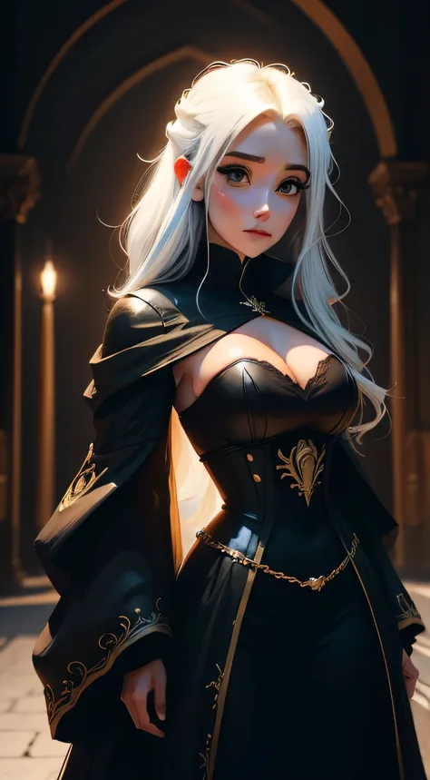 Estilo anime, detalhado, 4k, garota bruxa com sobretudo de aluno da academia de magia segurando uma varinha magica, Her outfit is black and white with gold accents, ambiente noturno, starly sky, cabelos longos e olhos castanhos, como fundo da imagem temos ...