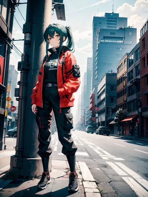 1girl, long teal hair, 2ponytails, white eyes, wearing salmon techwear shirt, black techwear jacket, black techwear cargo pants, boots, cybepunk city, absurdres, high res, ultrasharp, 8K, masterpiece, looking at viever