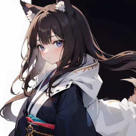 (sketch drawing), (1girl), (wolf girl), (teen), (wolf ears), (wolf tail), (without emotion), (dark blue eyes), (brown hair), (long hair), (white kimono), (black background:1.2),